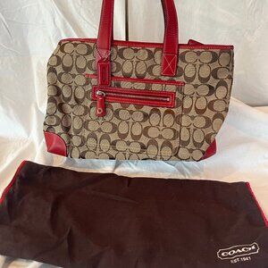 Vintage Coach Signature -- Tan Canvas -- Red Leather -- Shoulder Bag -- Dust Bag